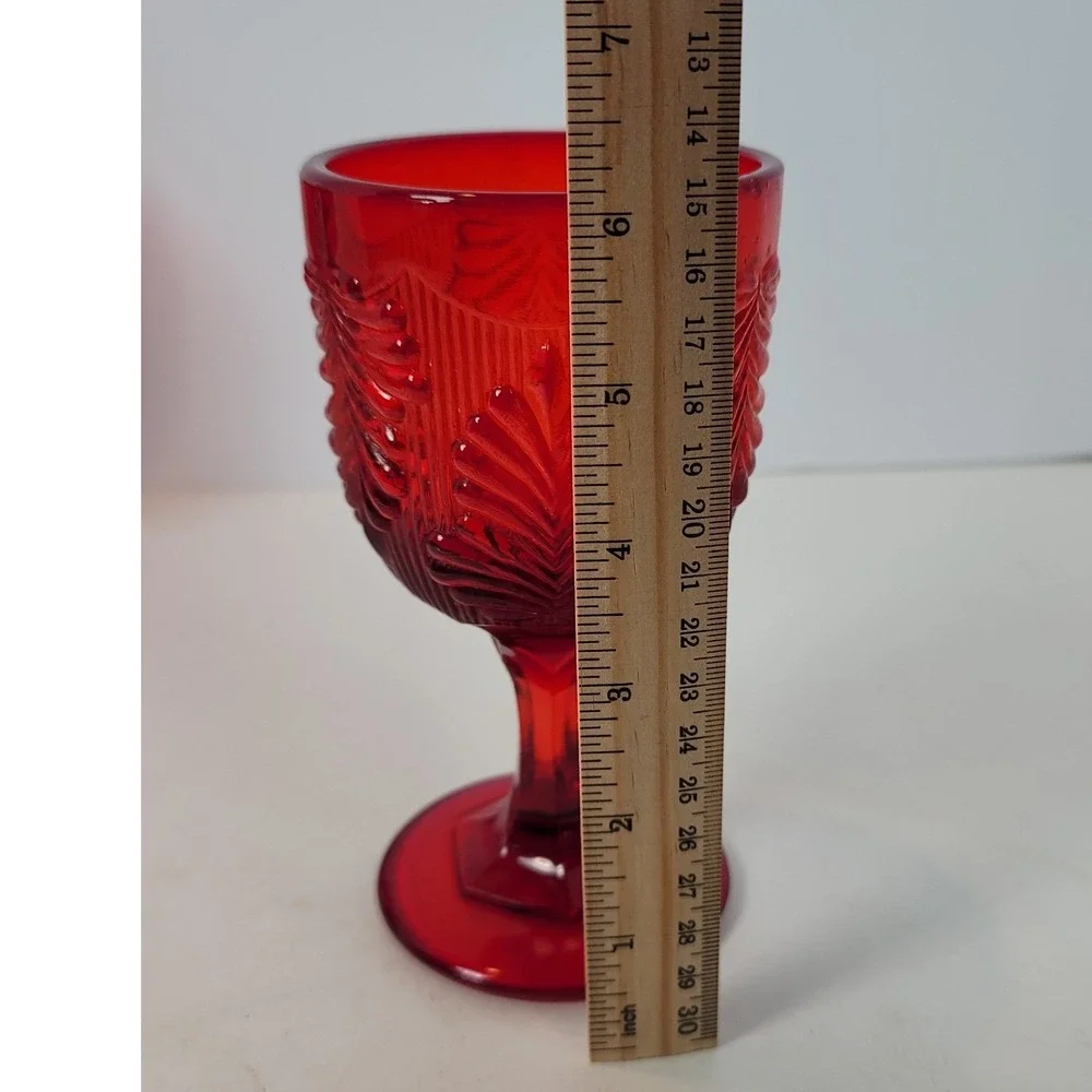 Vintage Ruby Red Glass Goblets Set of 4 Embossed Leaf Water Wine Glasses 6.25in